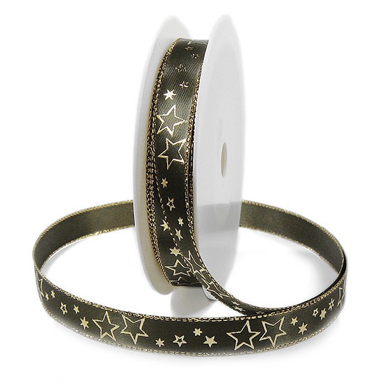 Weihnachtsband-GALAXY: 15mm breit / 25m-Rolle, olivgrün-gold