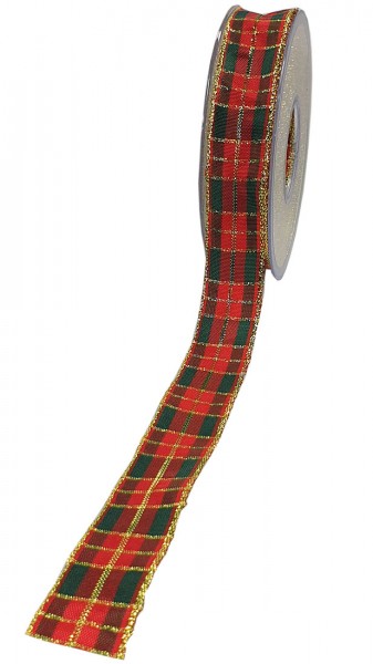 Weihnachtsband - KARO, rot-grün-gold: 25mm breit / 20m-Rolle, mit Draht- und Lurex-Goldkante.