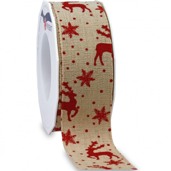 Weihnachtsleinenband-TRONDHEIM: 40mm breit / 15m-Rolle natur/rot