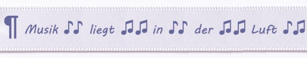 Satin-Spruchband "Musik liegt in der Luft", weiss-blau: 15mm breit / 25m-Rolle