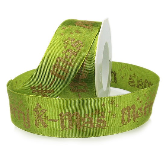 Weihnachtsband "Merry X-mas": 40mm breit / 20m-Rolle, lindgrün-gold