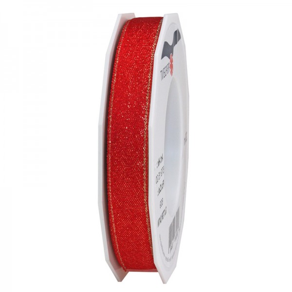 GLITTER-Satinband: 15mm breit / 20m-Rolle, rot mit Gold-Glitzer