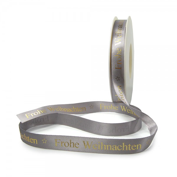 Weihnachtsband-Satin-15mm breit/25m Rolle, silbergrau, gold-hochglanz