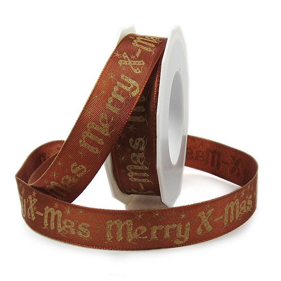 Weihnachtsband "Merry X-mas": 25mm breit / 20m-Rolle, braun-gold