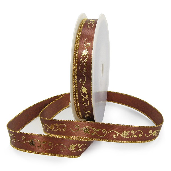 Satinband-ORNAMENT, braun-gold: 15mm breit / 25m-Rolle.