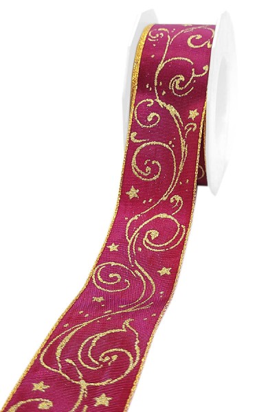Weihnachtsband-BISCHOF, pink-gold: 40mm breit / 15m-Rolle, mit Drahtkante.
