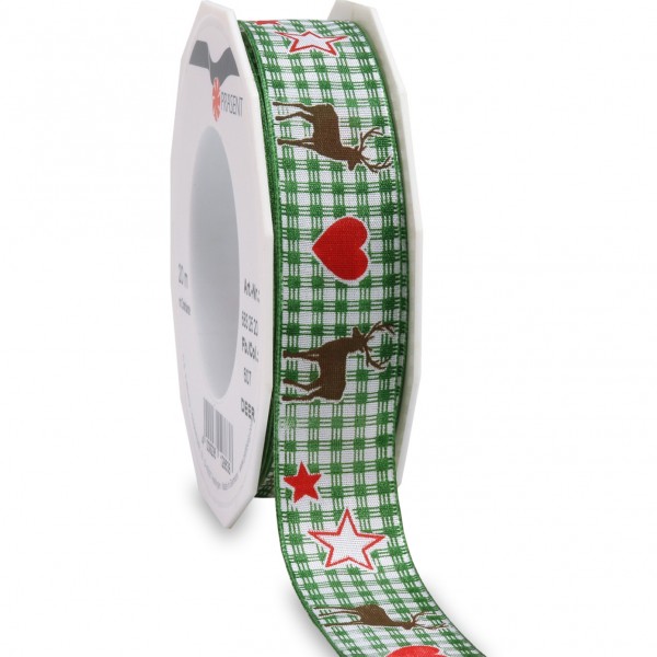 Weihnachtsband-DEER: 25mm/20m-Rolle, mit Drahtkante, hellgrün