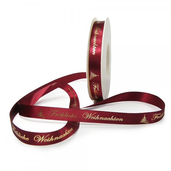 Weihnachtsband-Satin-15mm breit/25m Rolle, weinrot, gold-hochglanz