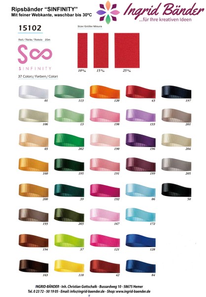 Farbkarte: Ripsbänder "SINFINITY" - 37 Farben in den Breiten: 10mm, 15mm und 25mm