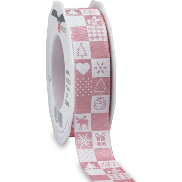 Weihnachtsband-ZILLERTAL: 25mm/20m-Rolle, rosa/weiss