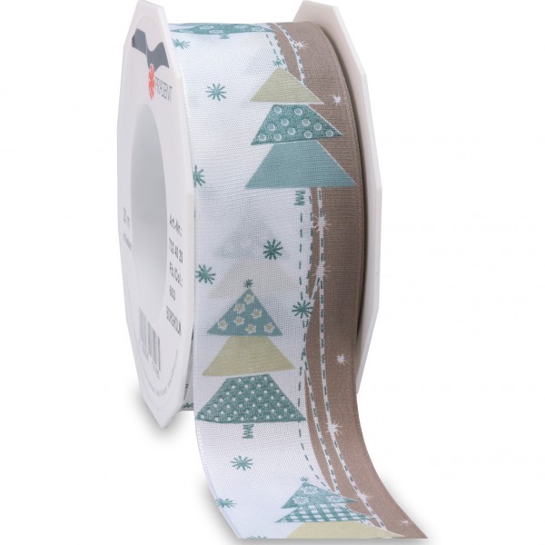 Weihnachtsband-BORGHOLM: 40mm breit / 20m-Rolle, mit Drahtkante, weiss-türkis