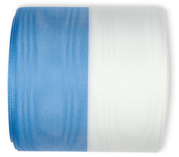 Vereinsband Schützenband, blau-weiss, 100mm breit / 25m-Rolle, mit Moiré-Struktur.