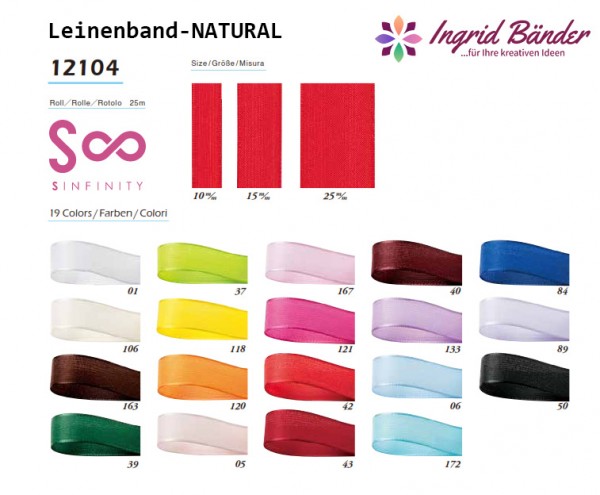 Leinenband-NATURAL: 10 - 15 - 25 und 38 mm breit / 25m-Rollen, alle Farben