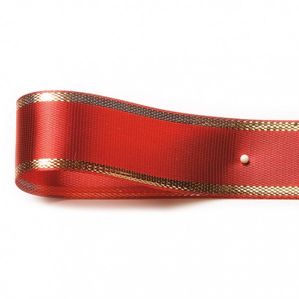 Satinband-EASY, rot-gold: 15mm breit / 25m-Rolle, mit Lurex-Gold-Kante.