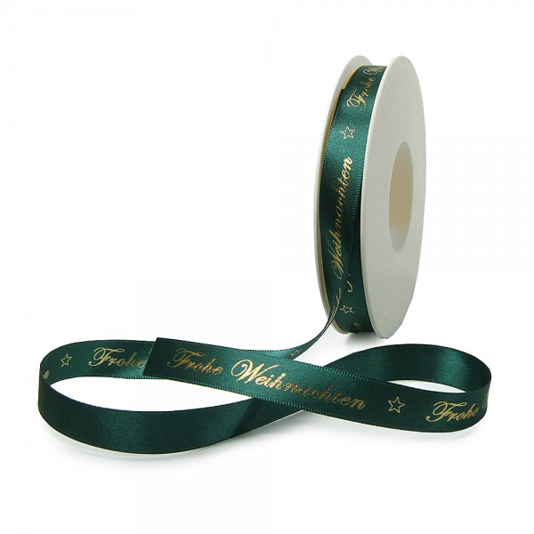 Weihnachtsband-Satin-15mm breit/25m Rolle, tannengrün, gold-hochglanz