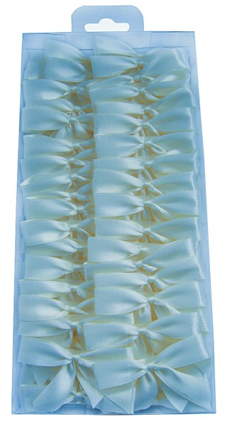 2-Flügel Fertigschleifen: hellblau = 100 Stück - mit Selbstklebe-Etikett