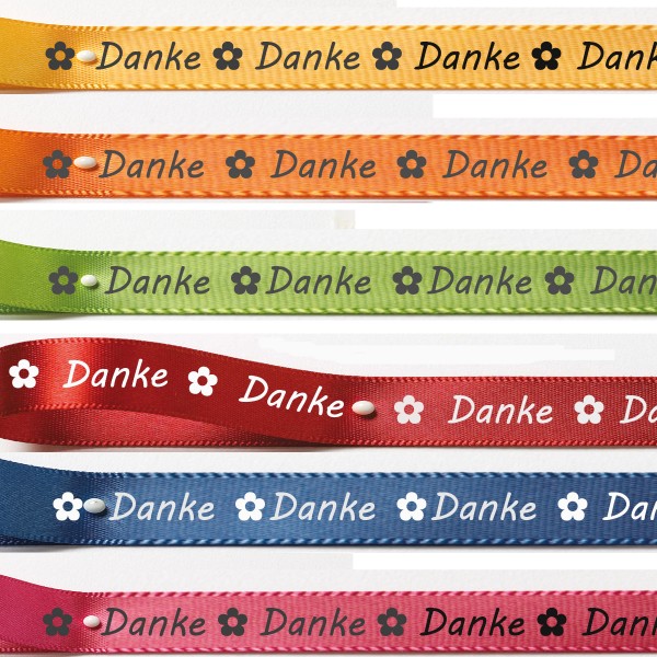 Übersicht Satinband Danke-Farbauswahl: 15mm breit - 25m-Rolle