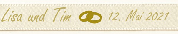 Eheringe individuell bedruckt auf cremefarbenem Band: 15mm breit / 25m-Rolle: gold