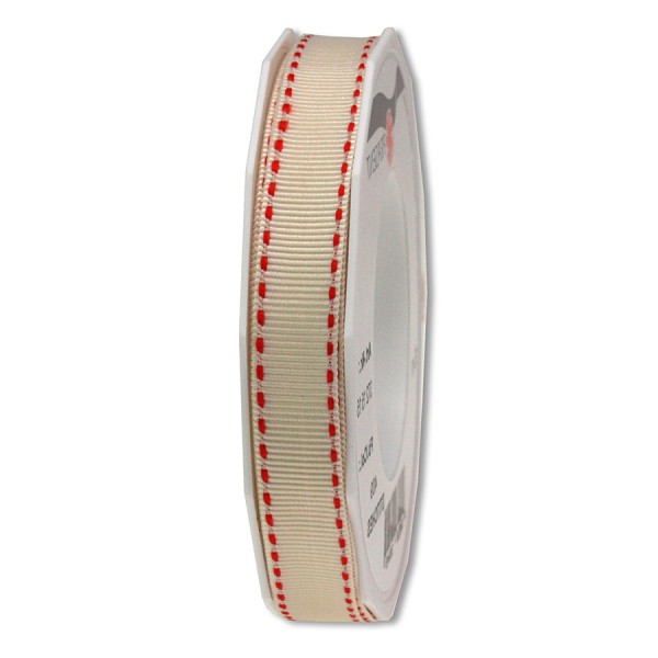 Ripsband-STITCHES, 15mm breit / 15m-Rolle, creme-rot