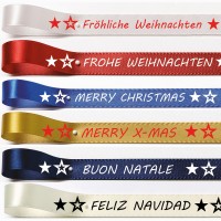 Weihnachtssatinband: 15mm breit / 25m-Rolle verschieden Farbkombinationen, verschieden Aufschriften rund um das Thema Weihnachten Weihnachtssatinband: 15mm breit / 25m-Rolle verschieden Farbkombinationen, verschieden Aufschriften rund um das Thema Weihnachten