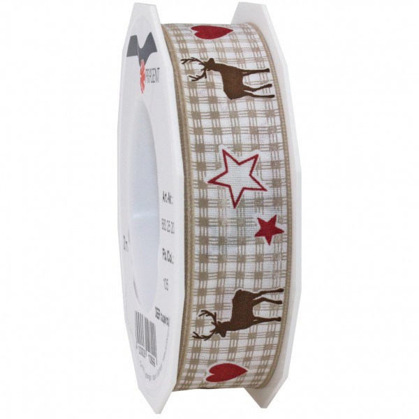 Weihnachtsband-DEER: 25mm/20m-Rolle, mit Drahtkante, taupe