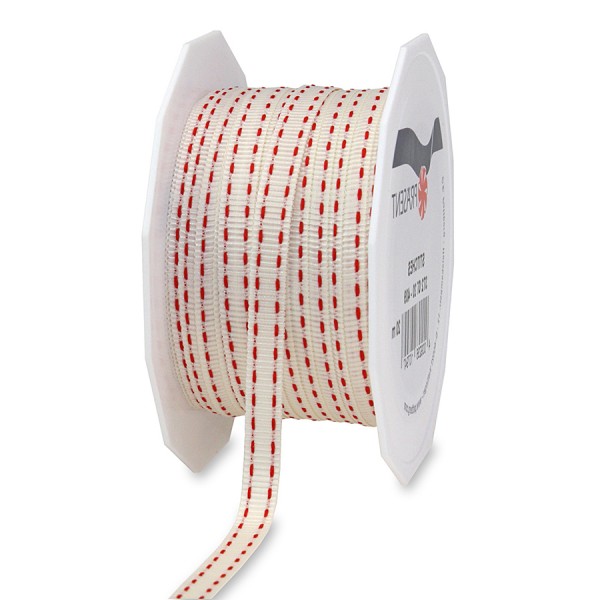 Ripsband-STITCHES, 7mm breit / 20m-Rolle, creme-rot