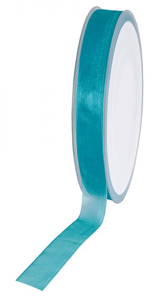 Organzaband-CHIFFON, petrol: 15mm breit / 50m-Rolle, mit feiner Webkante.