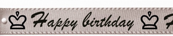 Satinband "Happy birthday", silbergrau: 15mm breit / 25m-Rolle