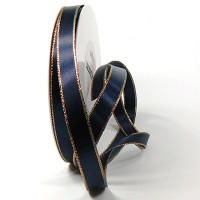 Satinband-VEGAS, mit Lurex-Goldkante: 15mm breit / 50m-Rolle, dunkelblau-gold Satinband-VEGAS, mit Lurex-Goldkante: 15mm breit / 50m-Rolle, dunkelblau-gold