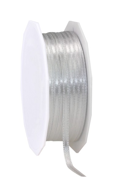 Satinband-PRÄSENT, silber-grau: 15mm breit / 50m-Rolle, mit feiner Webkante.