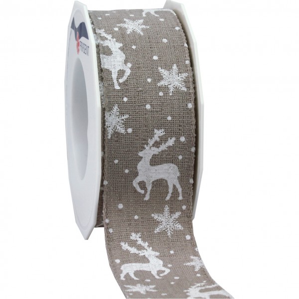 Weihnachtsleinenband-TRONDHEIM: 40mm breit / 15m-Rolle taupe/weiss