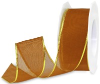 Organzaband: 40mm breit / 25m-Rolle, mit goldener LUREX-Drahtkante, braun Organzaband: 40mm breit / 25m-Rolle, mit goldener LUREX-Drahtkante, braun