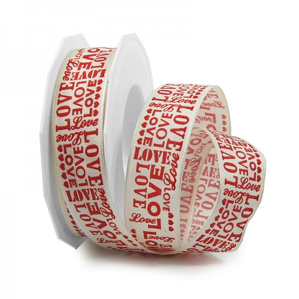 Herzenband "LOVE", creme-rot: 25mm breit / 20m-Rolle, mit Drahtkante