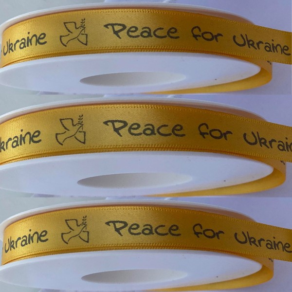 Satinband "Peace for Ukraine", gelb: 15mm breit / 25m-Rolle