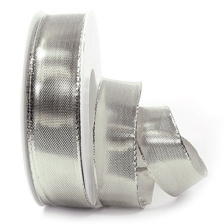 Silberband Glory: 25mm breit / 25m-Rolle, mit Drahtkante.
