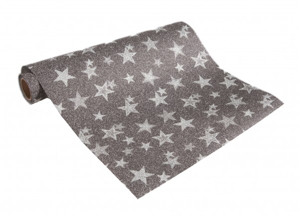Tischband MEMORY-STARS, anthrazit mit silber-farbigen Sternen: 250mm breit / 5m-Rolle.