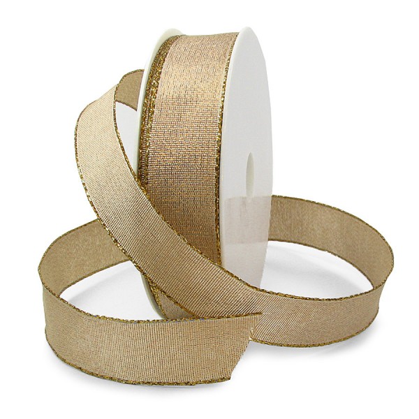 Brokatband, gold: 25mm breit / 25m-Rolle, mit Drahtkante.