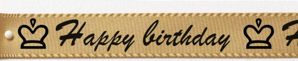 Satinband "Happy birthday", gold: 15mm breit / 25m-Rolle