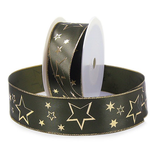 Weihnachtsband-GALAXY: 40mm breit / 25m-Rolle, olivgrün-gold