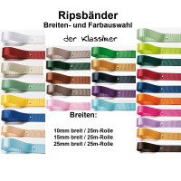 Vorschau: Ripsgänder in den Breiten 10mm, 15mm oder 25mm auf 25m-Rollen Vorschau: Ripsgänder in den Breiten 10mm, 15mm oder 25mm auf 25m-Rollen