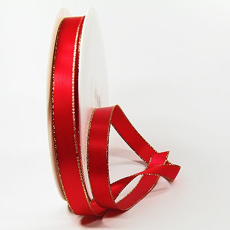 Satinband Rot mit echter Lurex-Goldkante: 15mm breit / 50m-Rolle