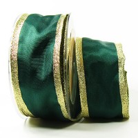 Dekoband Classic, tannengrün-gold: 50mm breit / 25m, mit Drahtkante Dekoband Classic, tannengrün-gold: 50mm breit / 25m, mit Drahtkante