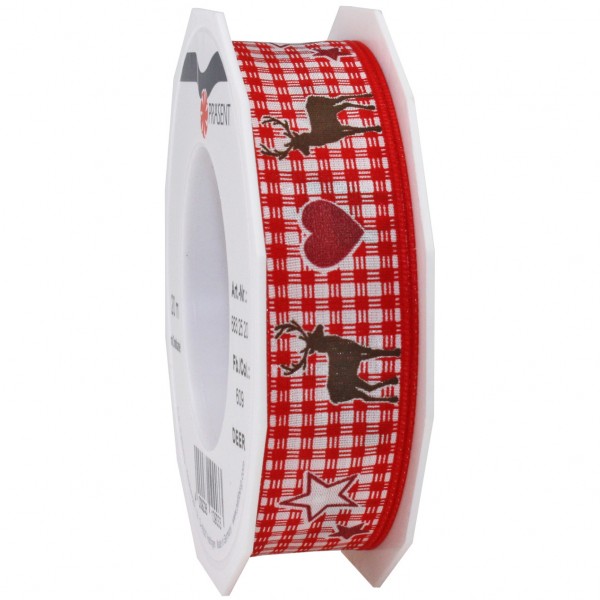 Weihnachtsband-DEER: 25mm/20m-Rolle, mit Drahtkante, rot