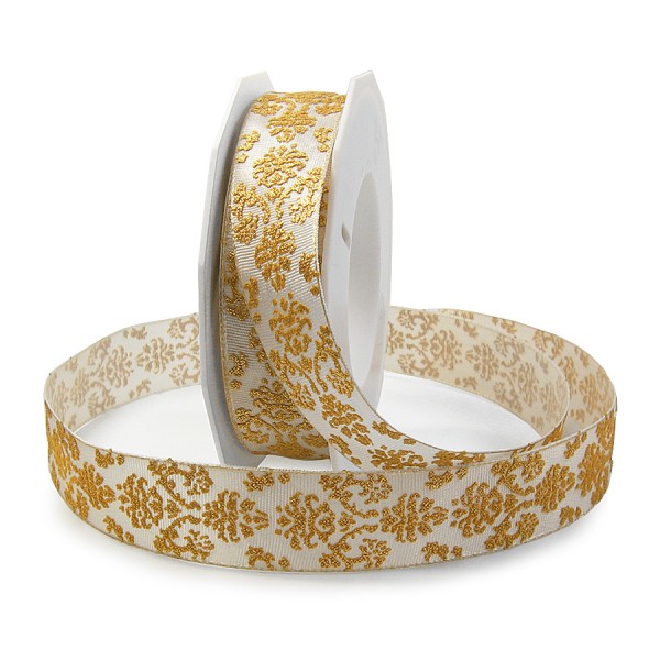 Weihnachtsband "ROYAL": 25mm breit / 15m-Rolle, creme-gold