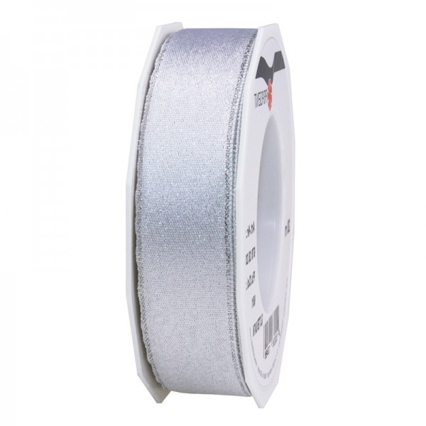 GLITTER-Satinband: 25mm breit / 20m-Rolle, weiss mit Silber-Glitzer