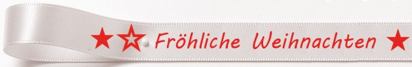 Weihnachtssatinband: 15mm breit / 25m-Rolle Fröhliche Weihnachten weiss mit roter Schrift