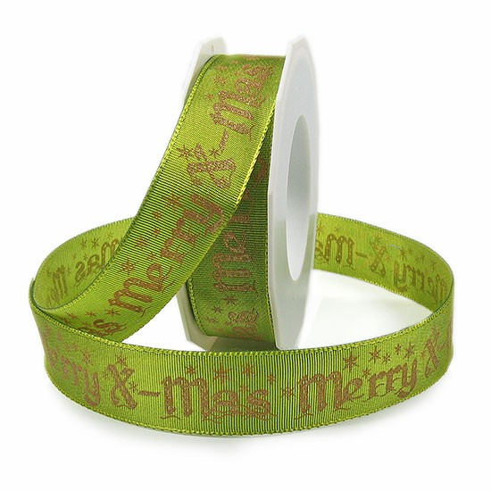 Weihnachtsband "Merry X-mas": 25mm breit / 20m-Rolle, lindgrün-gold