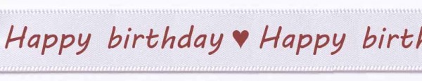 Satinband-HAPPY BIRTHDAY-weinrote Schrift: 15mm breit / 25m-Rolle, weiß