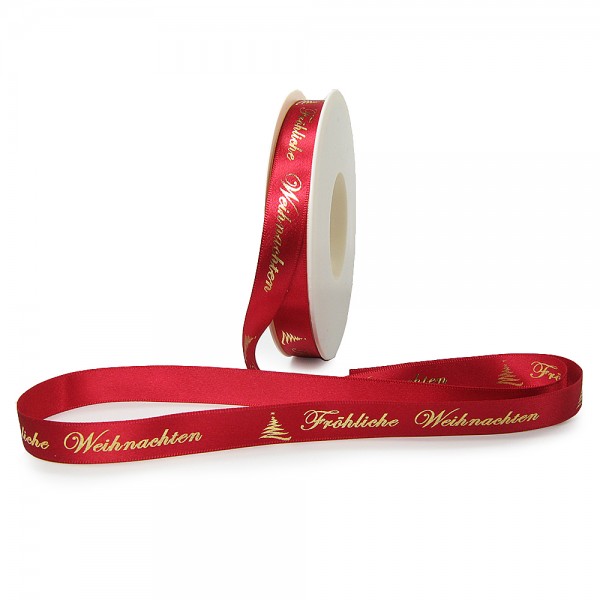 Weihnachtsband-Satin-15mm breit/25m Rolle, rot, gold-hochglanz