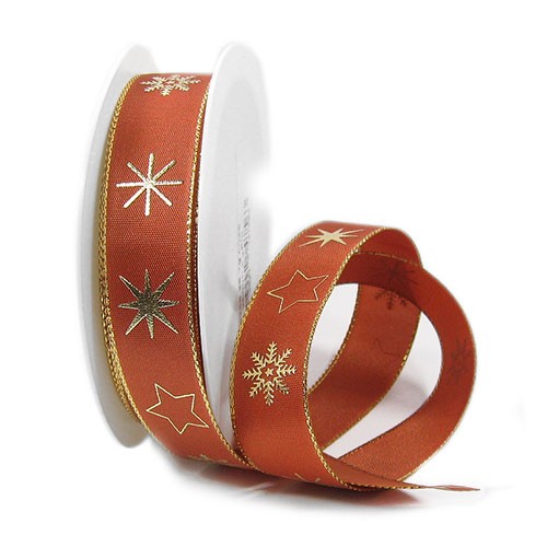 Weihnachtsband-MERCURY: 25mm breit / 25m-Rolle, terracotta-gold